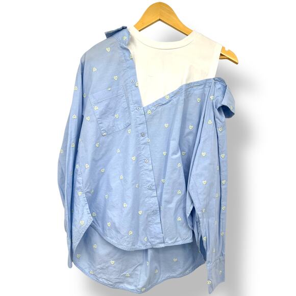 Maje Off-Shoulder Heart Pattern Pop Over  Poplin Blouse Women's S Blue White - Picture 3 of 11